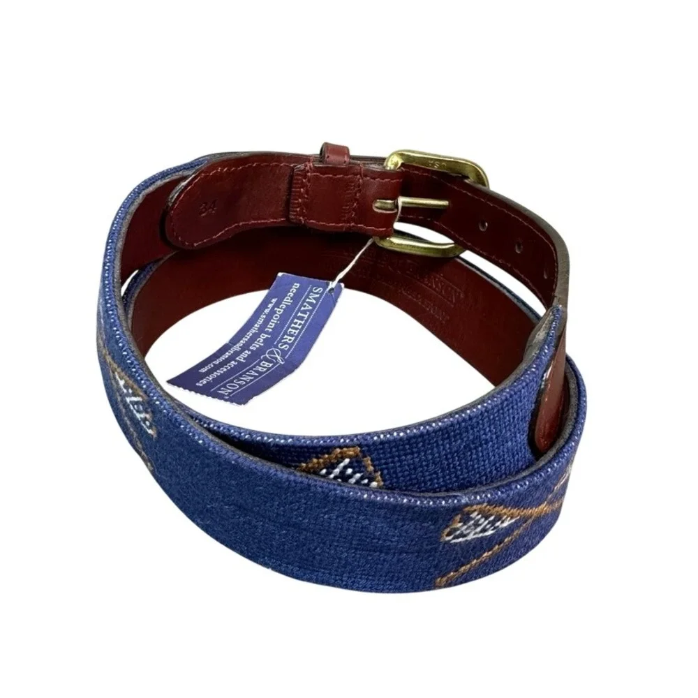 NWT Smathers & Branson Old School Lacrosse Needlepoint Belt Leather Brass 34